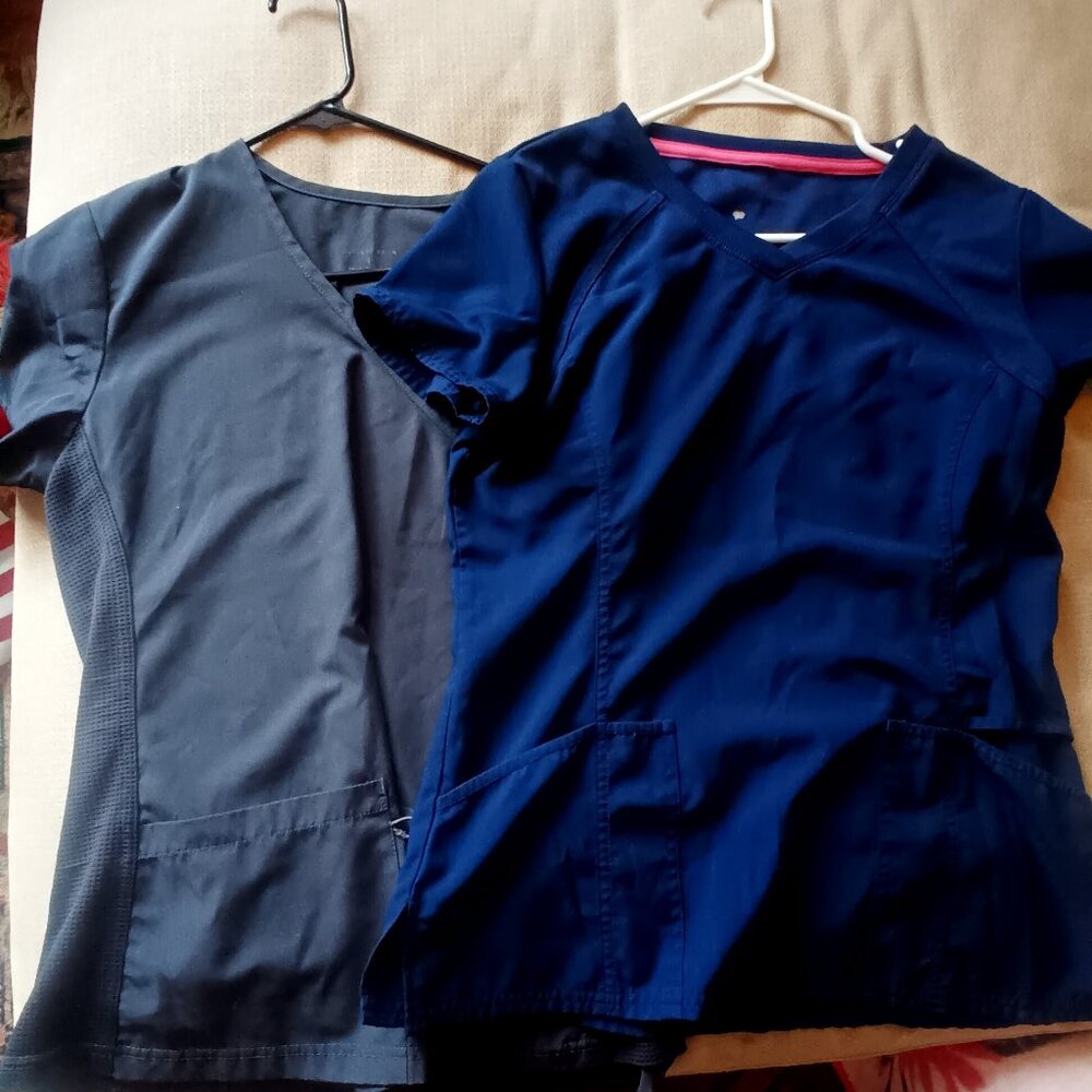 2 Scrub tops women's small navy blue and gray
